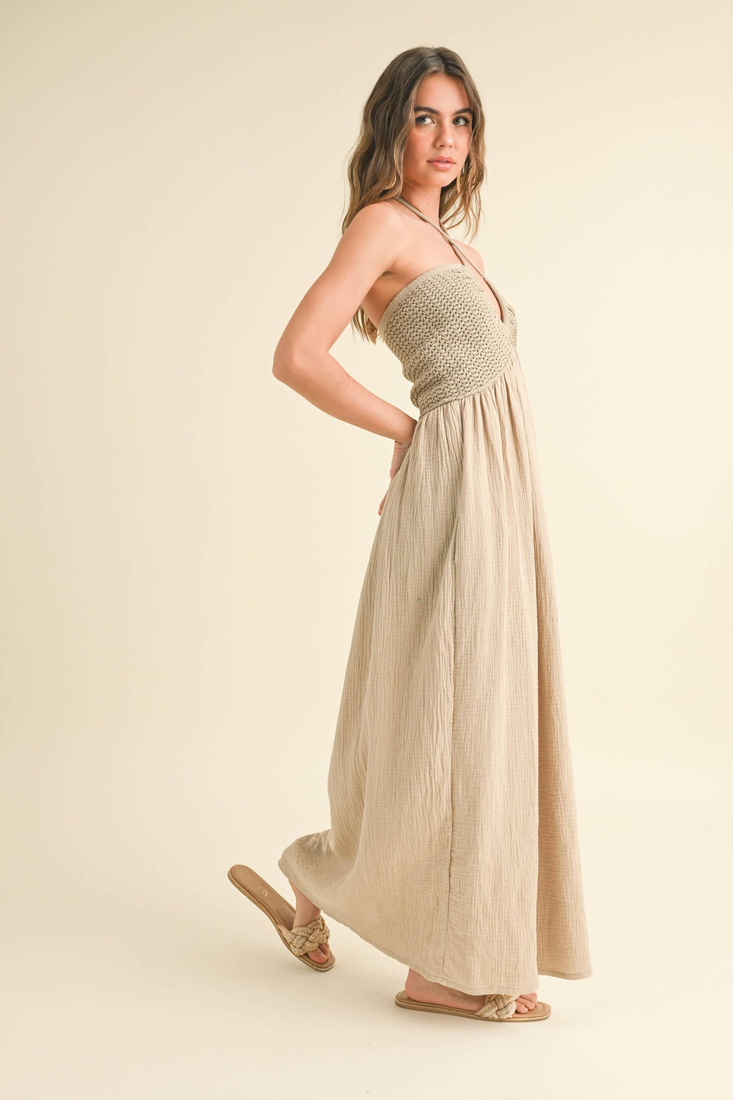 WASHED GAUZE WITH CROCHET TOP CONTRAST DRESS