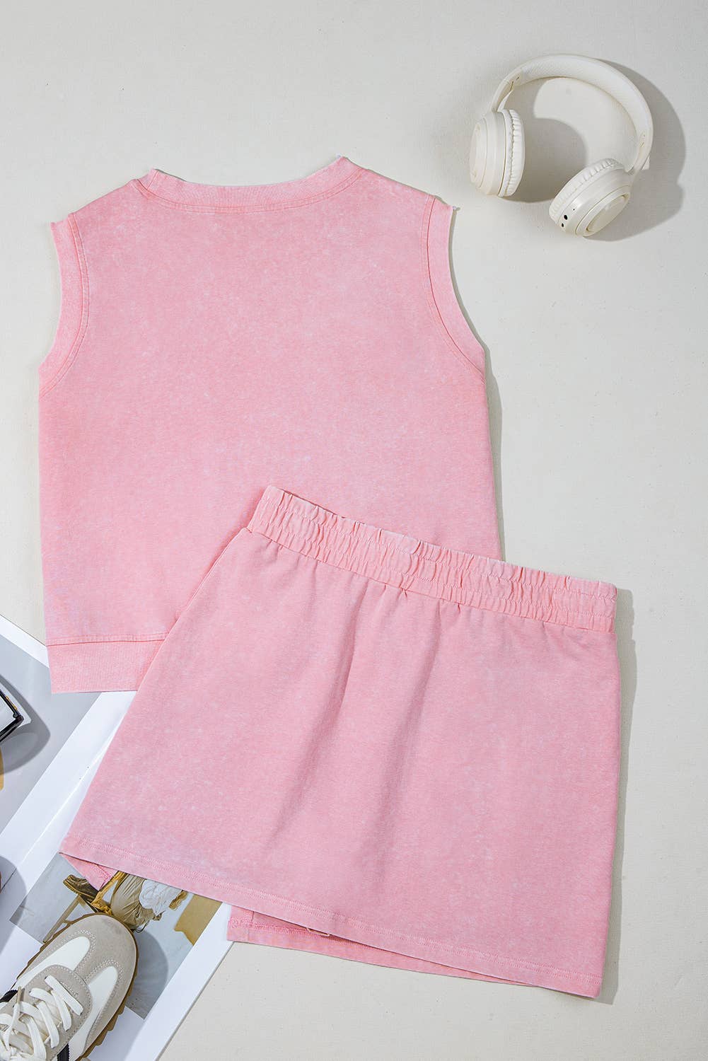 2 Pcs Mineral Wash Tank Top Lined Split Skirt Set | 5 Colors