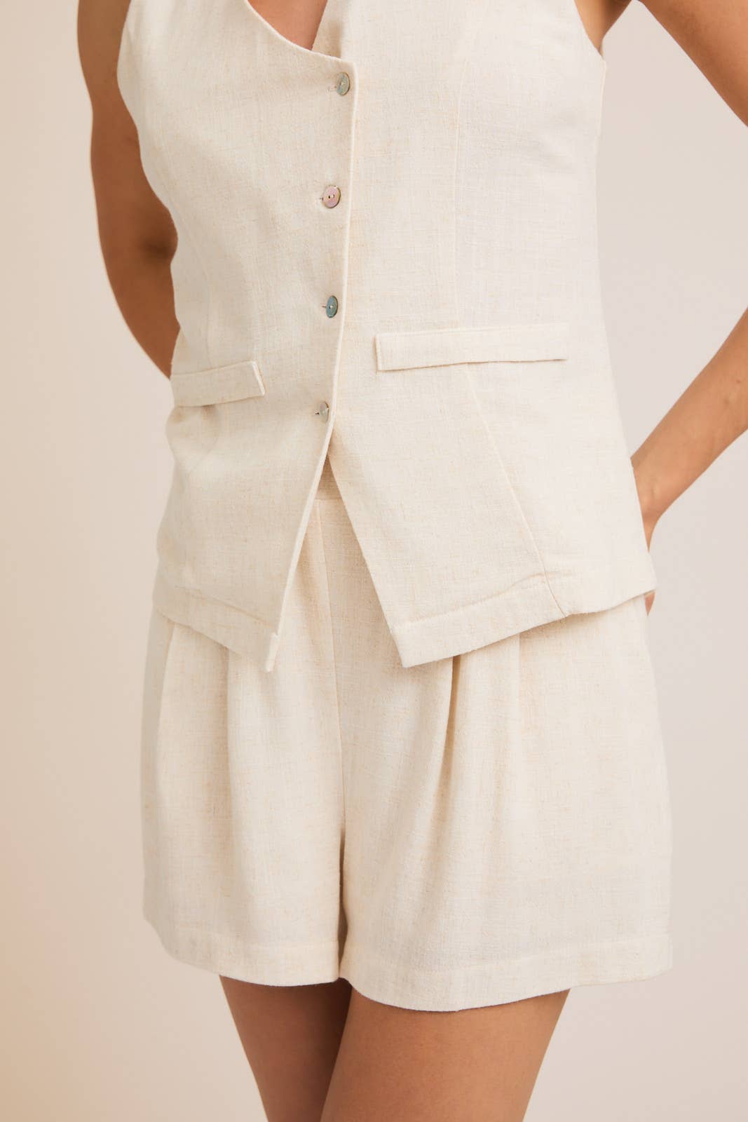 BUTTON UP VEST TOP AND PLEATED DETAIL SHORTS