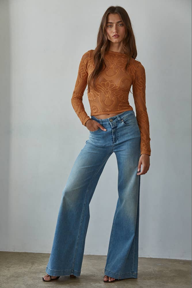 S1228 | Knit Seamless Jacquard Mock Neck Long Sleeve Top