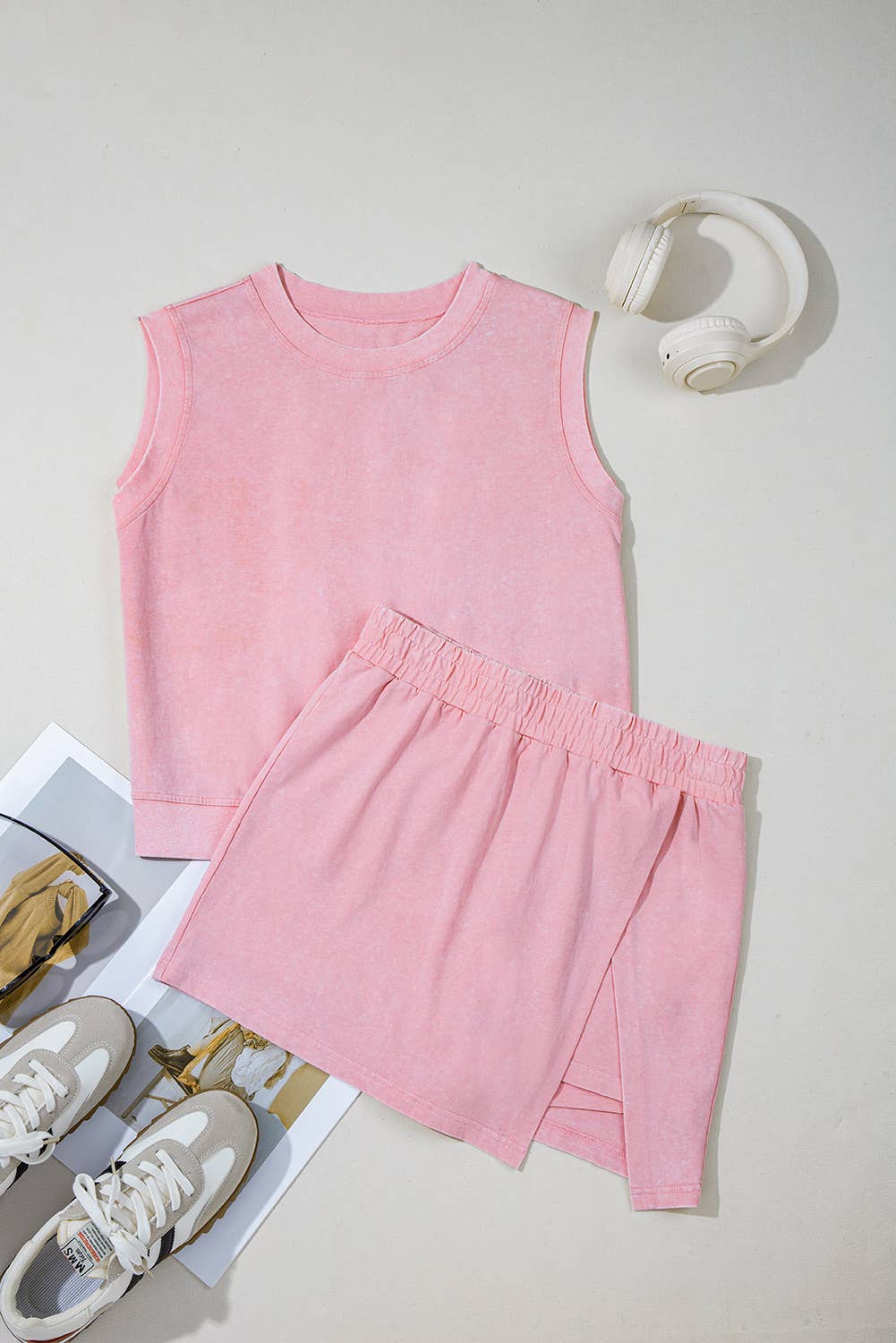 2 Pcs Mineral Wash Tank Top Lined Split Skirt Set | 5 Colors