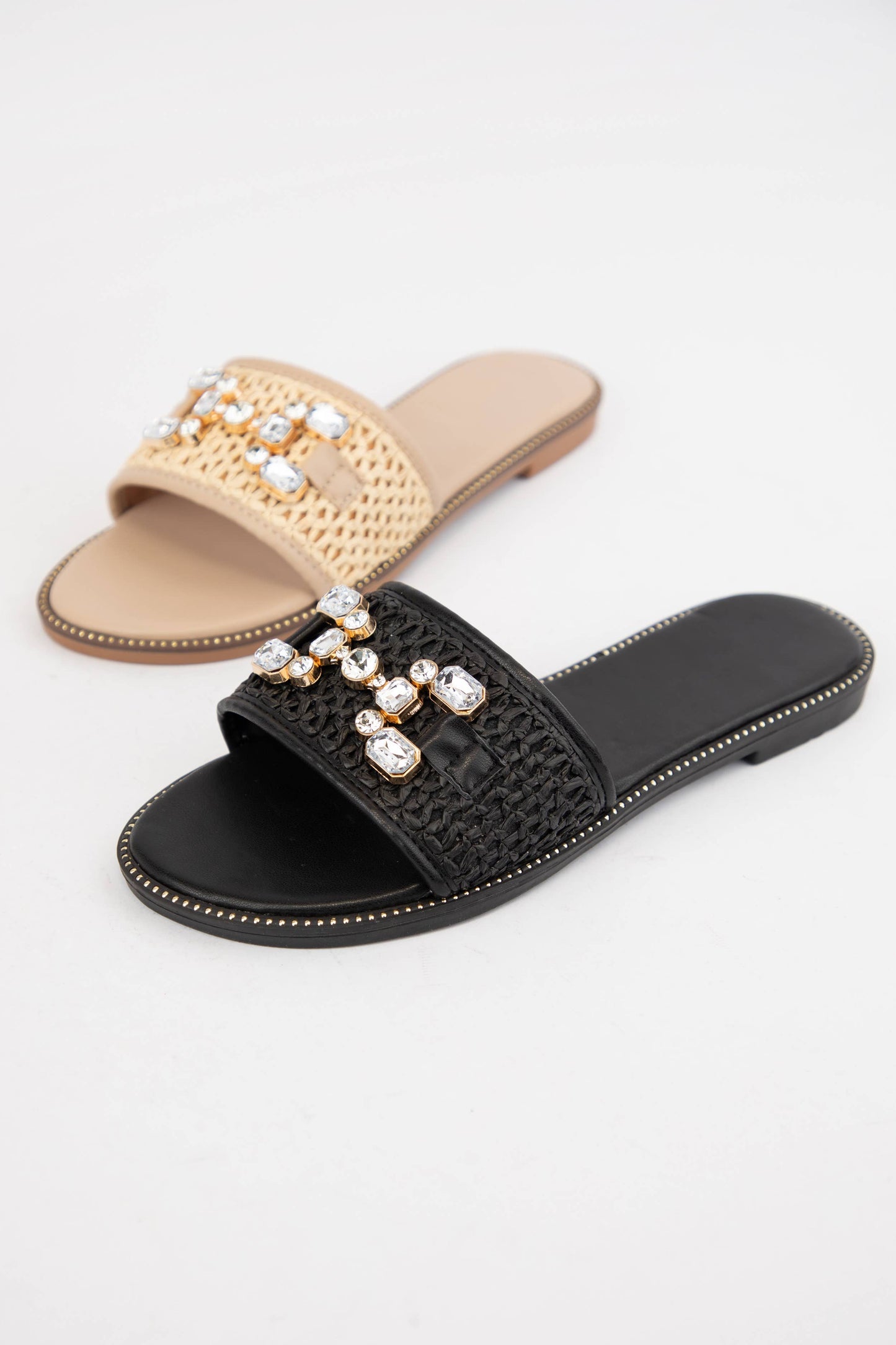 CRISTA-30 JEWEL DECOR RAFFIA UPPER SLIP-ON SANDALS