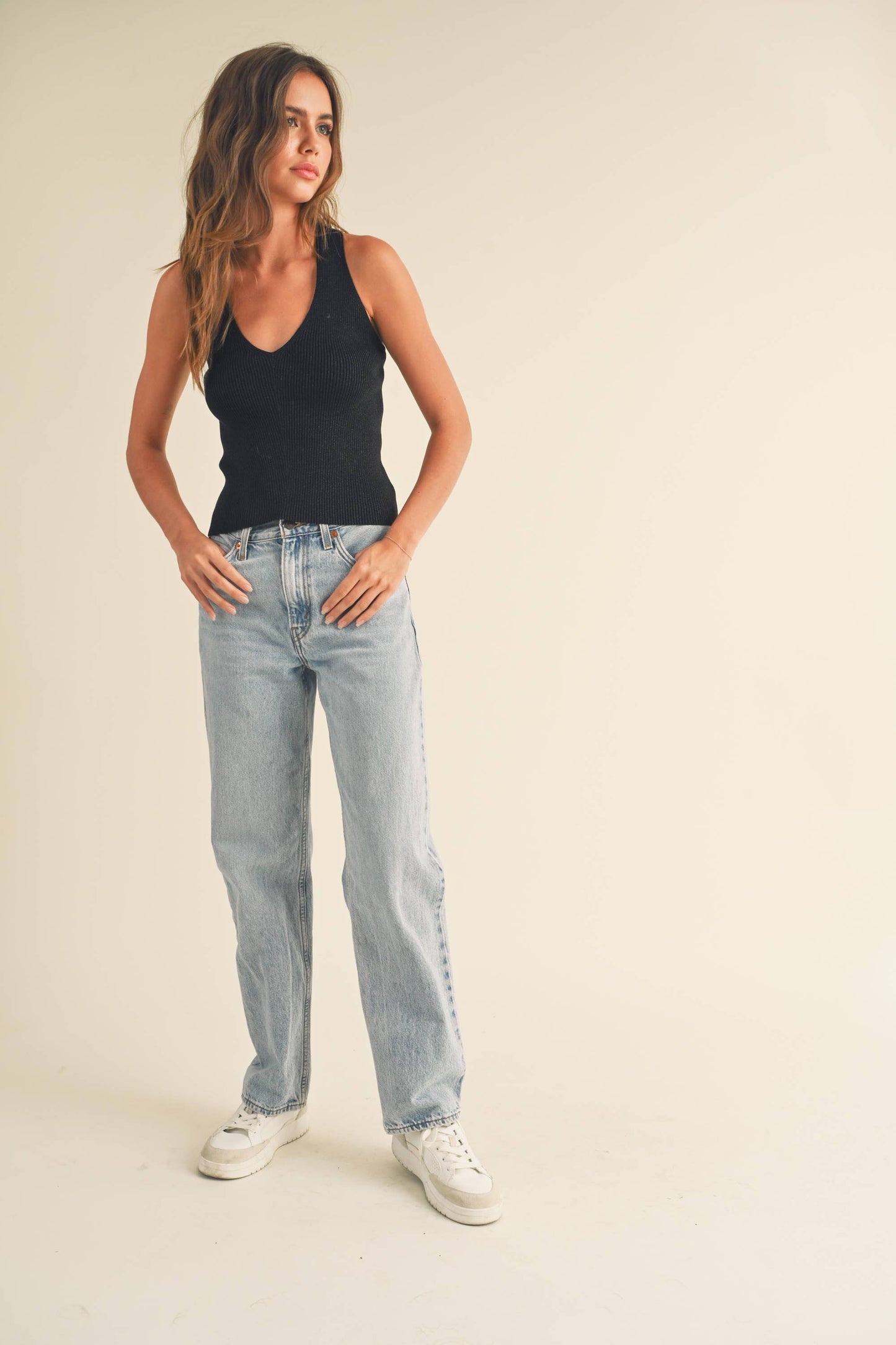 T3201 METALLIC KNITTED CROSS BACK TOP