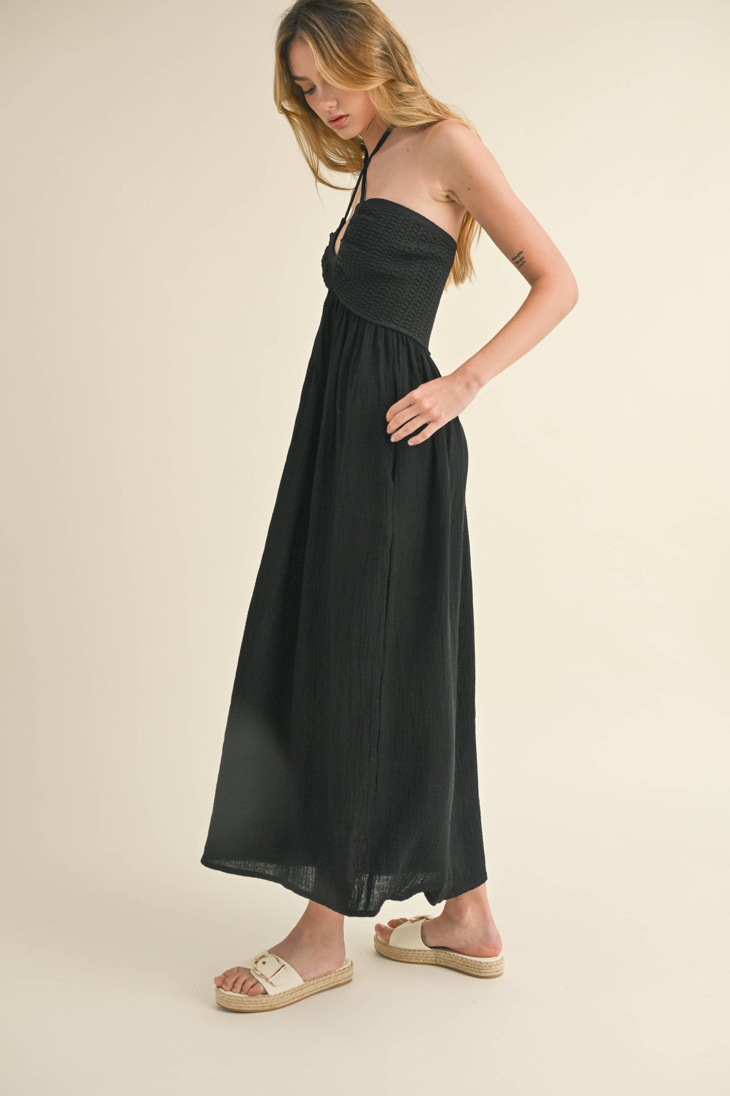 WASHED GAUZE WITH CROCHET TOP CONTRAST DRESS