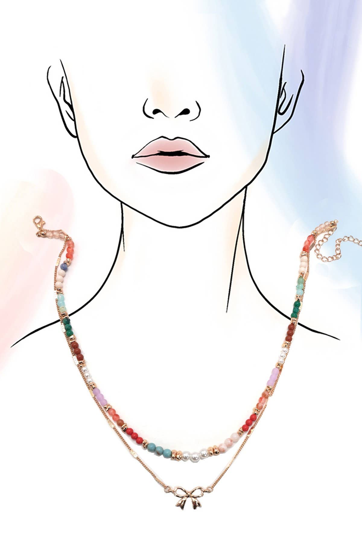 MULTI BEADED BOW CHARM DOUBLE LAYER NECKLACE | 80N91498