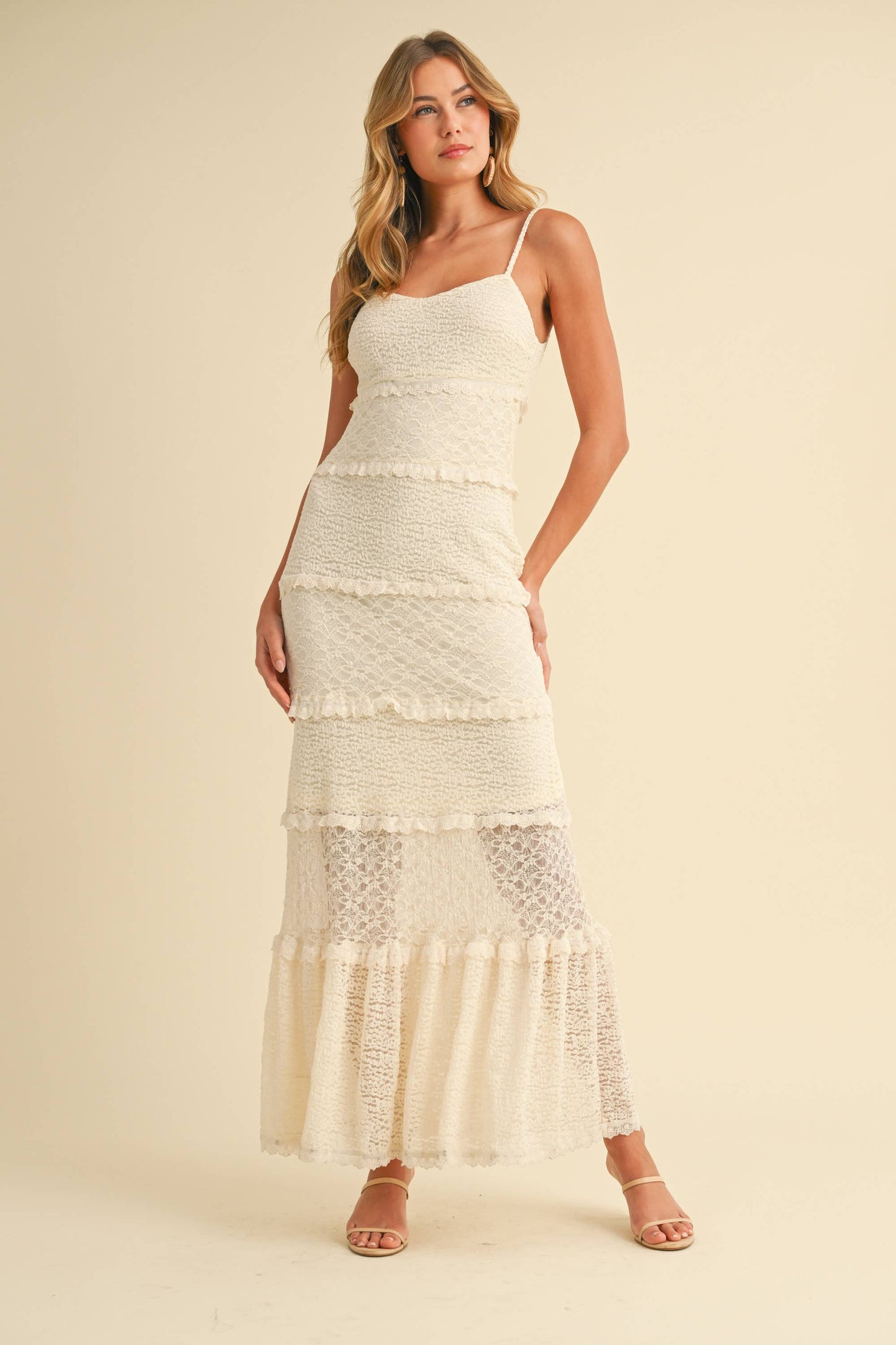 ID8566 TIERED RUFFLED LACE MAXI DRESS WITH PARTIAL LINING