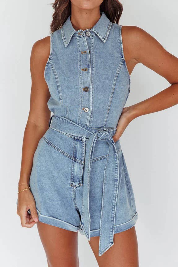 COLLARED WASH DENIM ROMPER