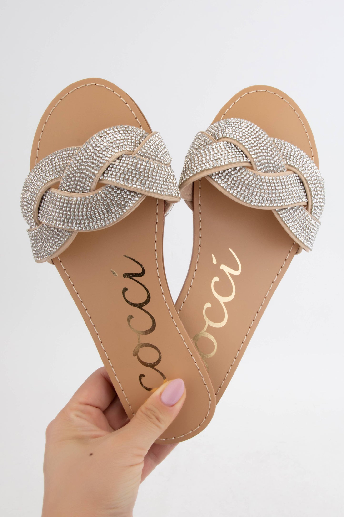 TALIA BEDAZZLED TWISTED BOLD BAND UPPER SLIDE SANDAL