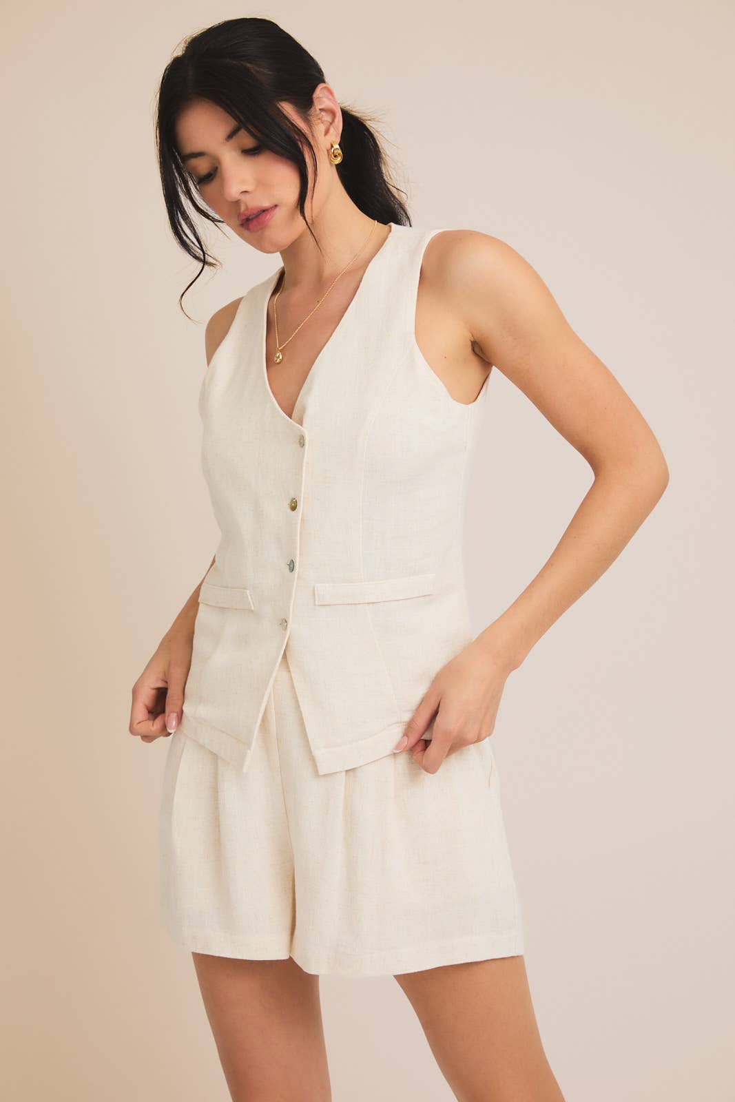 BUTTON UP VEST TOP AND PLEATED DETAIL SHORTS