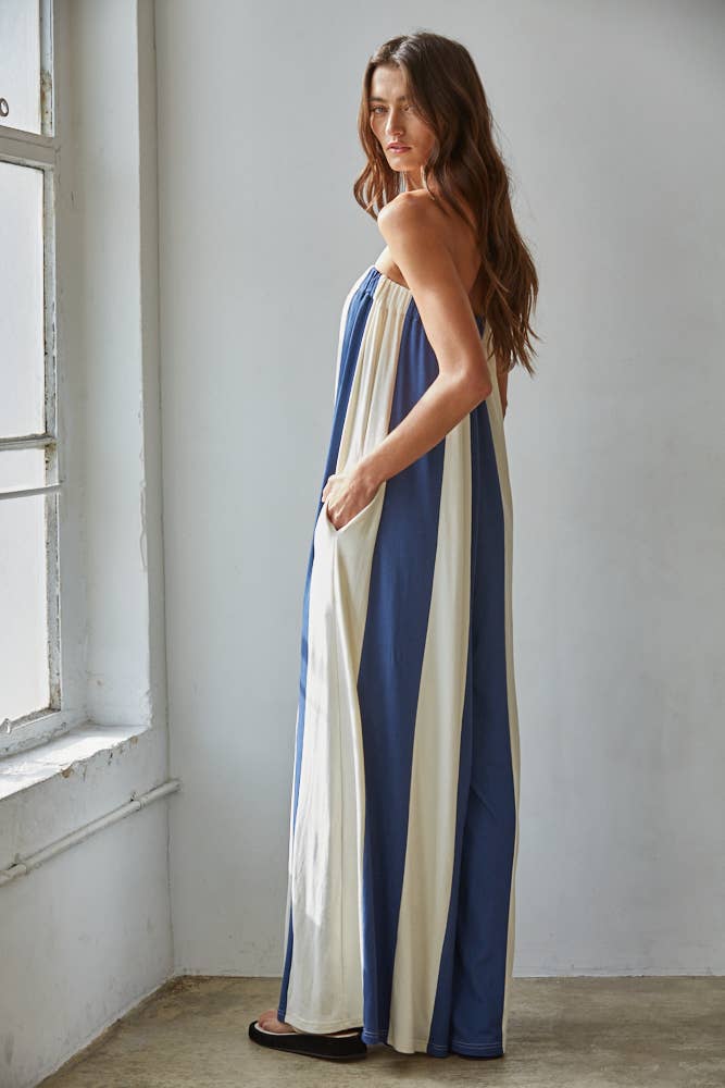 Knit Viscose Spandex Striped Tube Wide Leg Jumpsuit