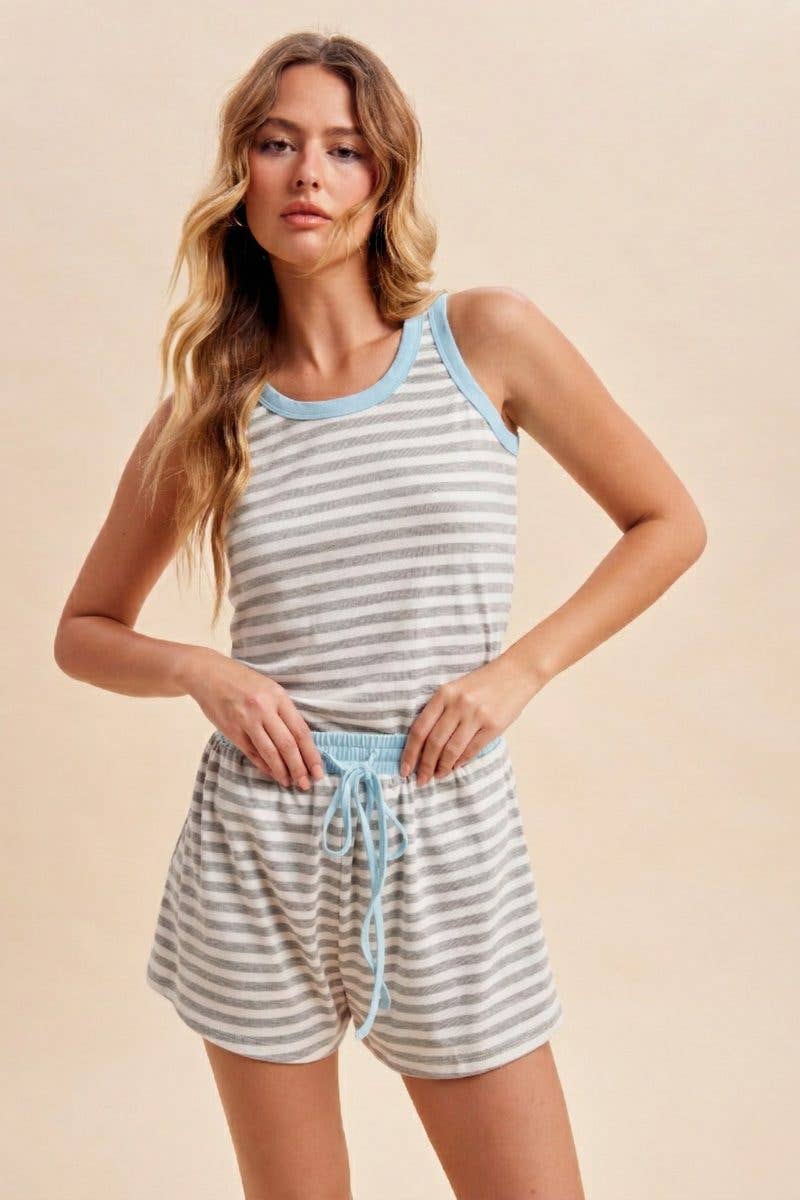 Contrast Color Band Striped Jersey Tank And Shorts Set