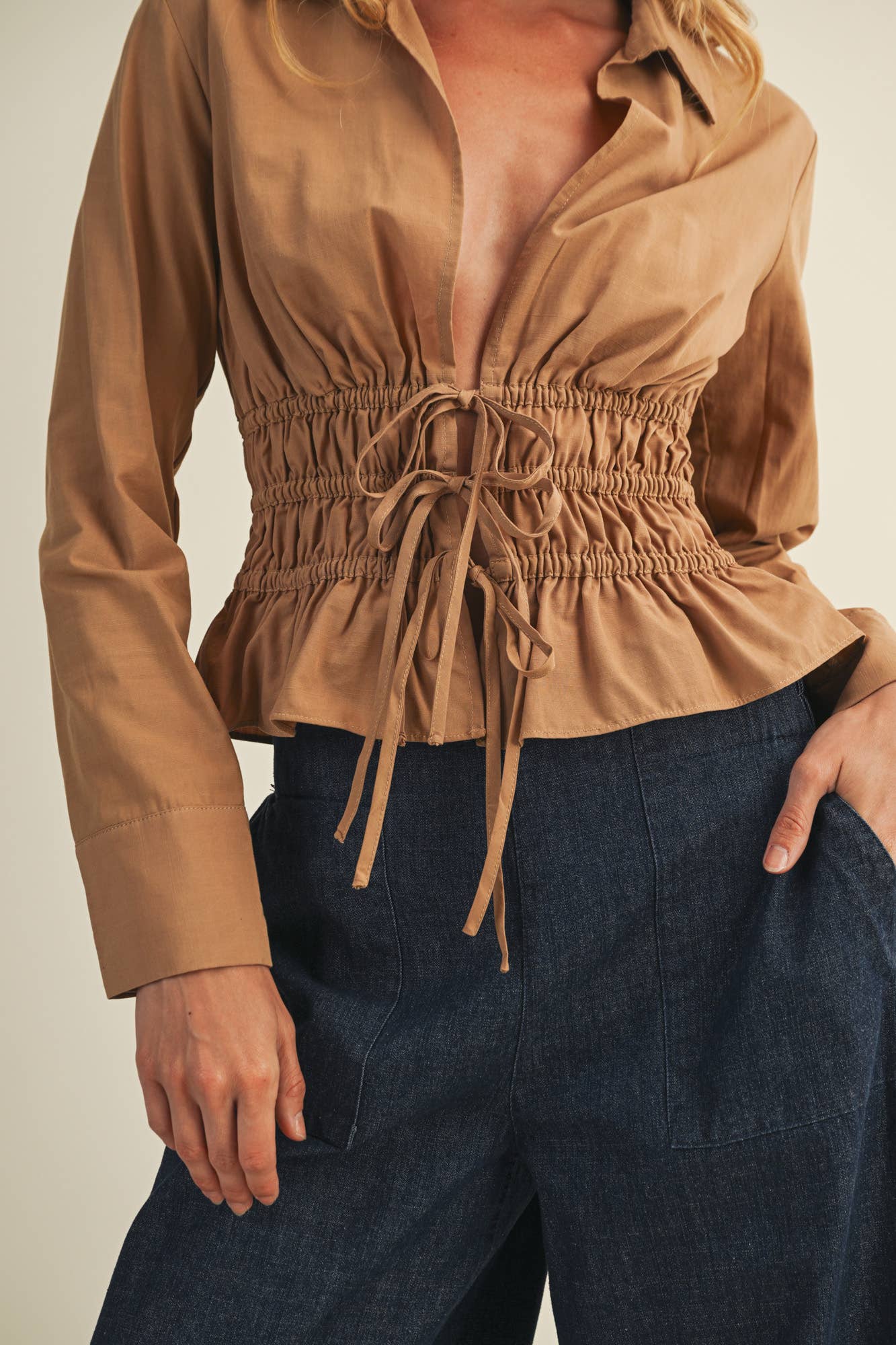 ELASTIC WAIST TIE CLOSURE SHIRT TOP