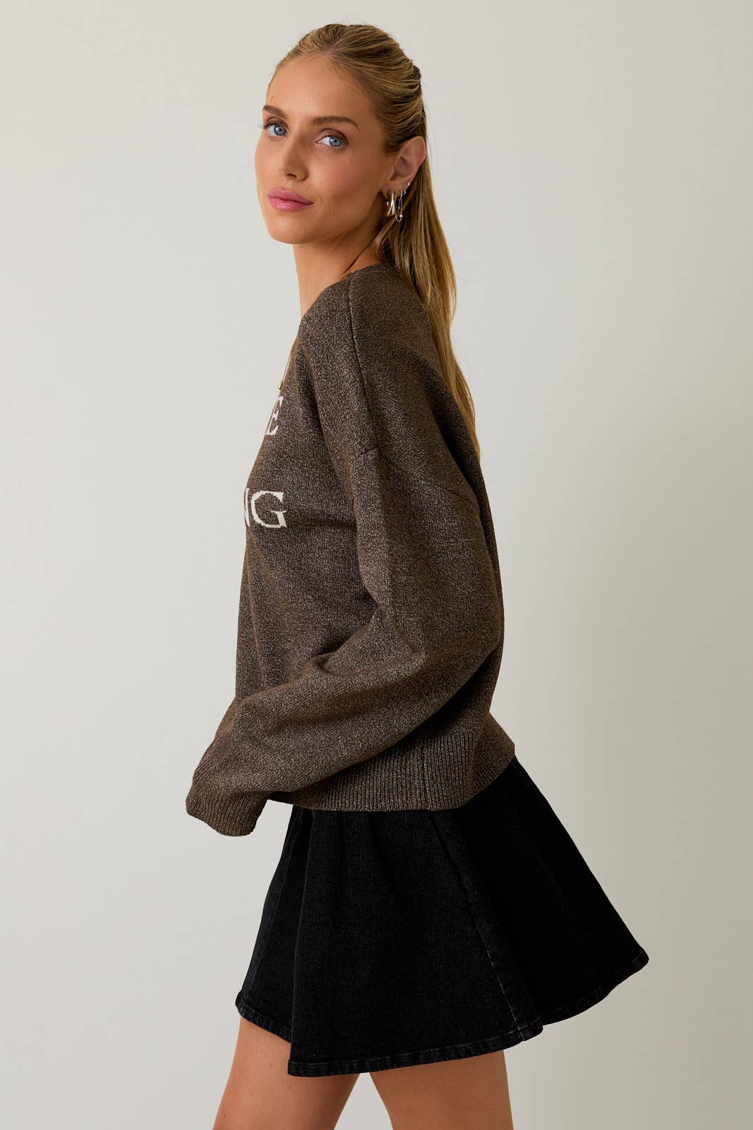 CREW NECK 'COFFEE IS CALLING' SWEATER TOP