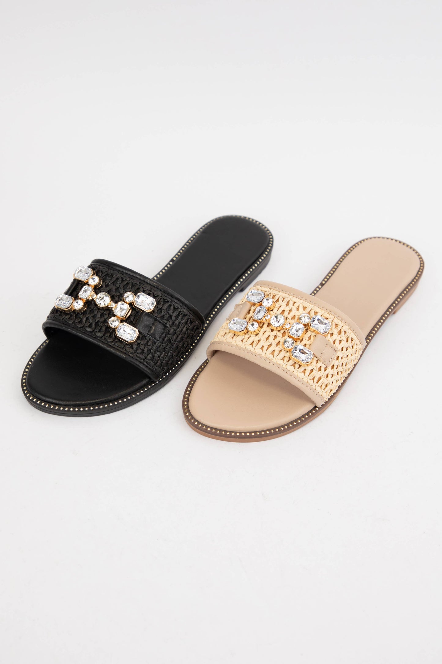 CRISTA-30 JEWEL DECOR RAFFIA UPPER SLIP-ON SANDALS