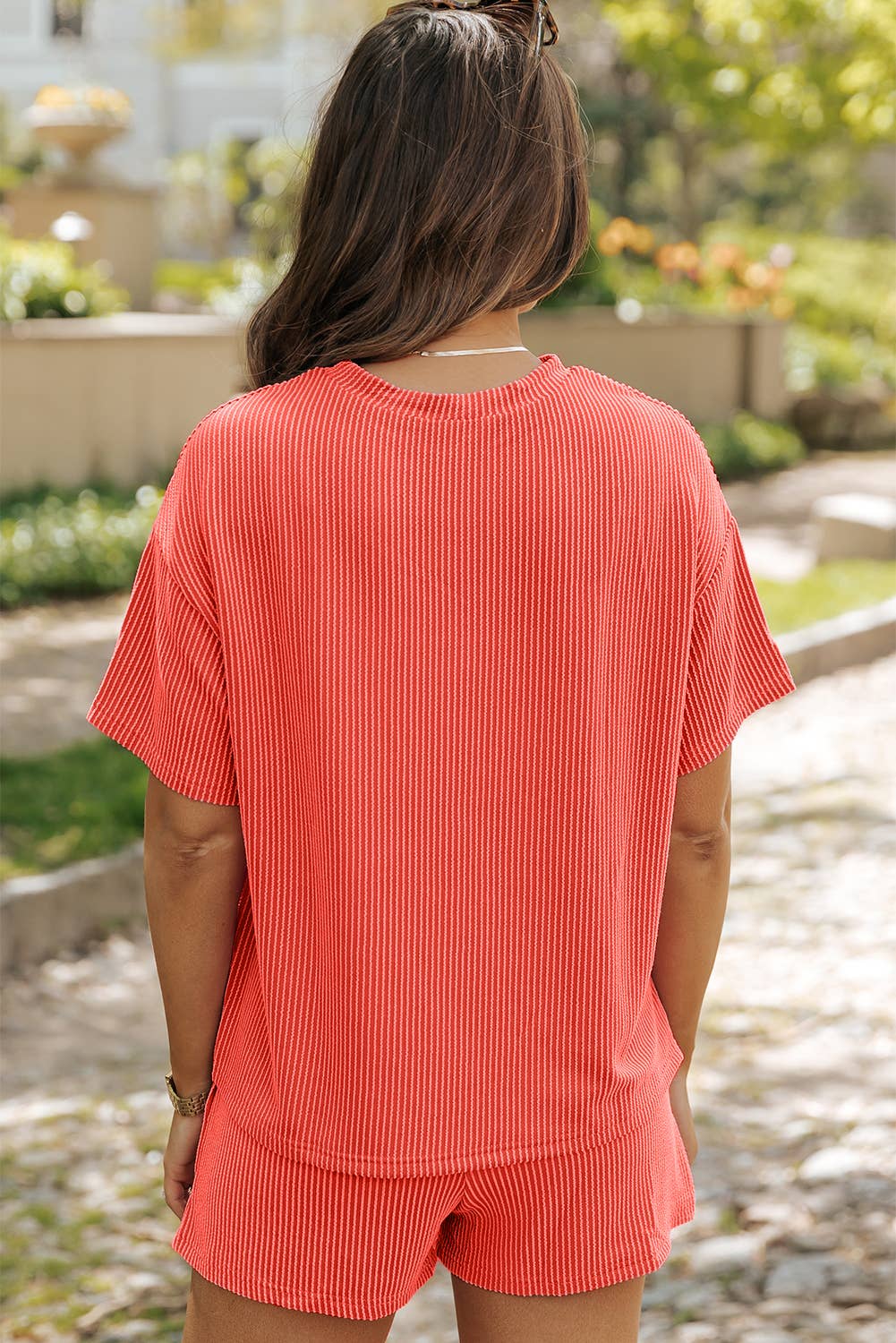 Ribbed Textured Knit Loose Fit Tee and Shorts Set
