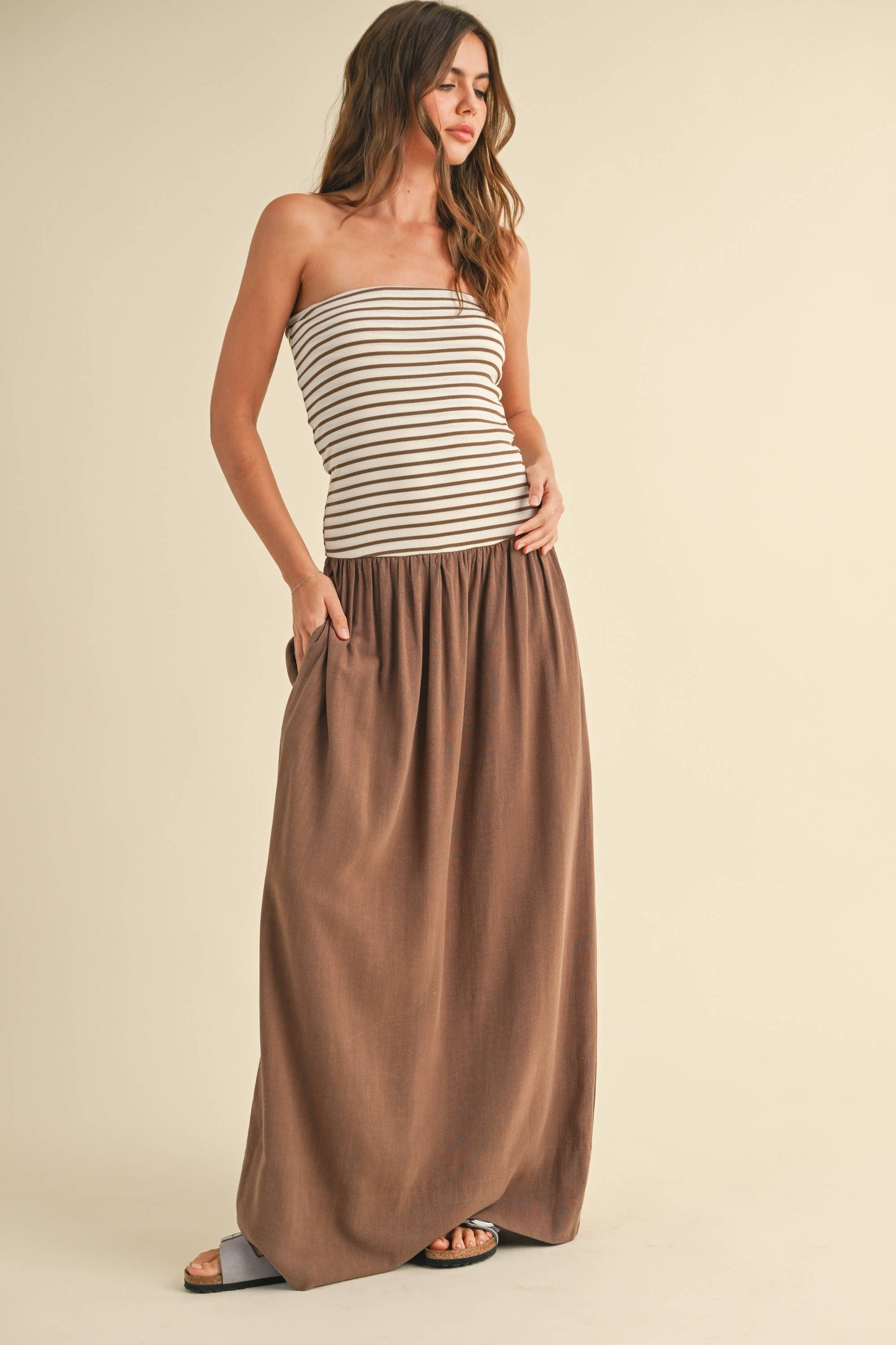 STRIPE RIBBED TOP WITH LINEN DRESS