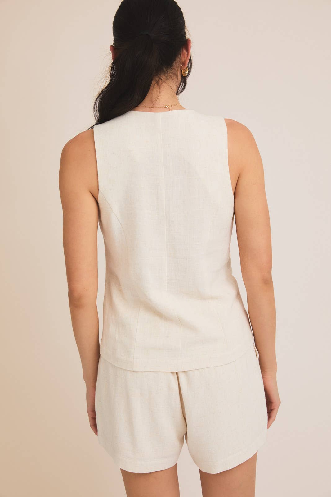BUTTON UP VEST TOP AND PLEATED DETAIL SHORTS