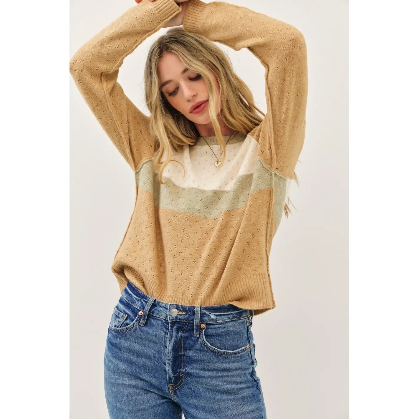 Stretchy Soft Brushed Pointelle Sweater Color Block Top