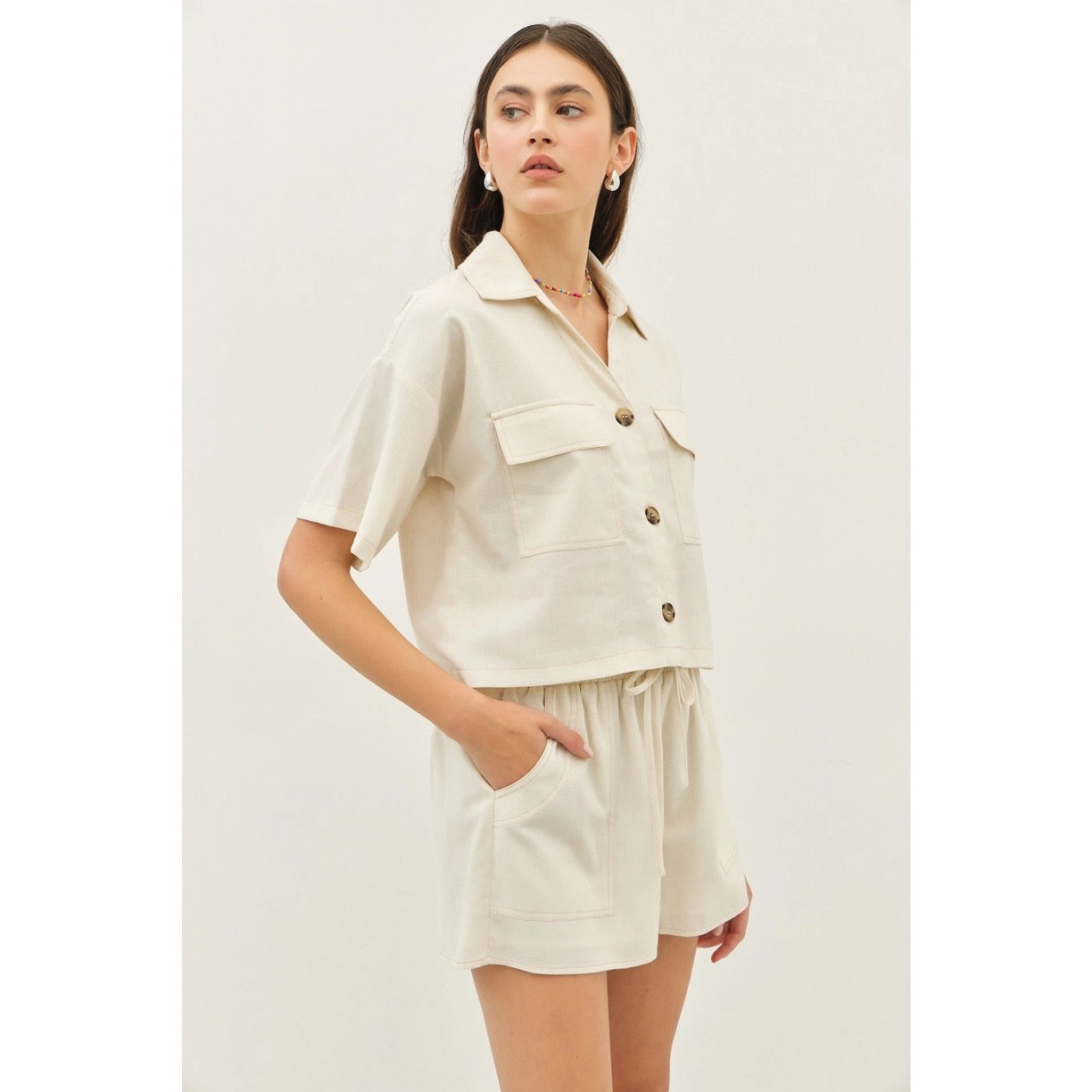 Oatmeal Over Sized Button Down 2 Piece Set