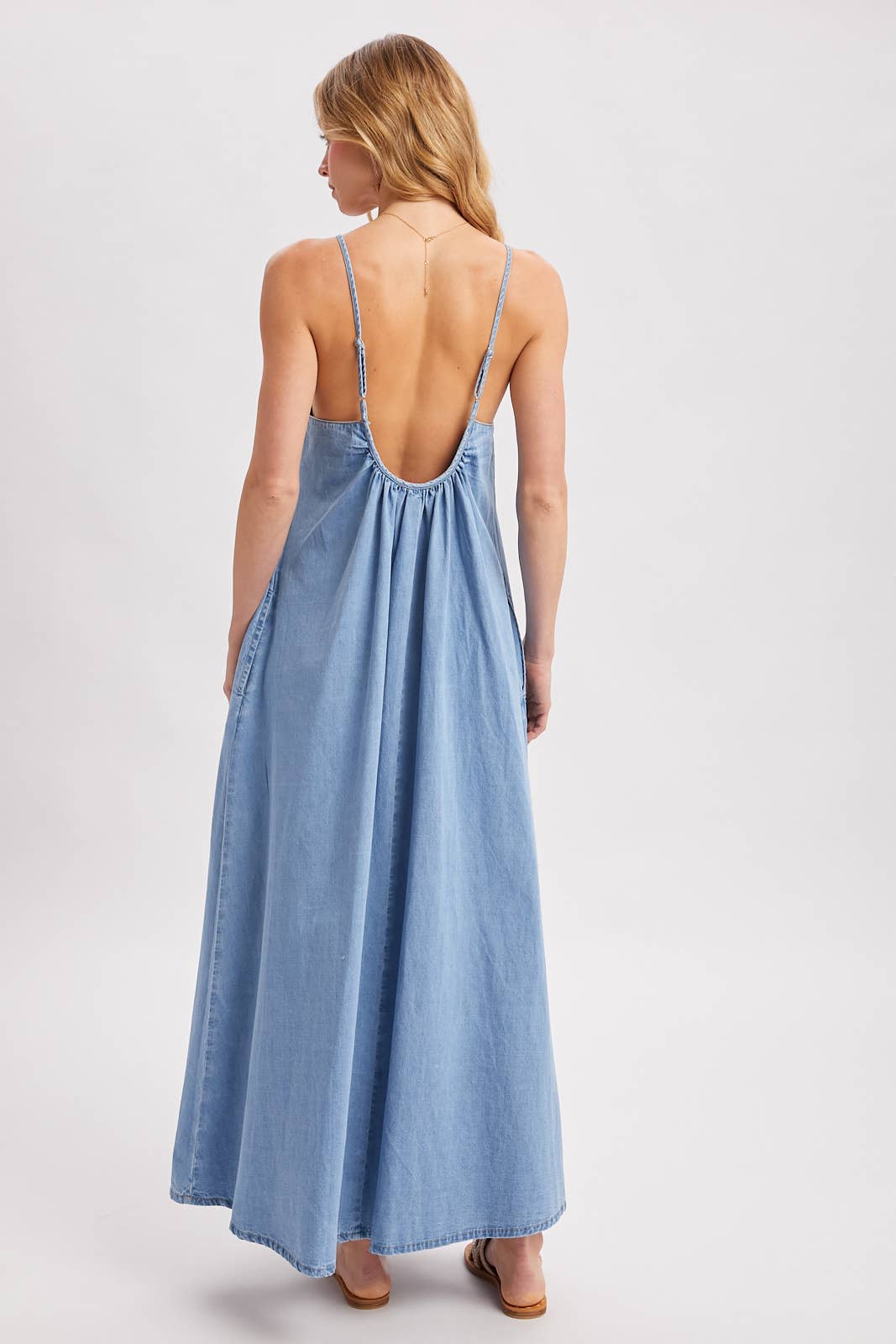 DENIM OPEN BACK SLEEVELESS MAXI DRESS