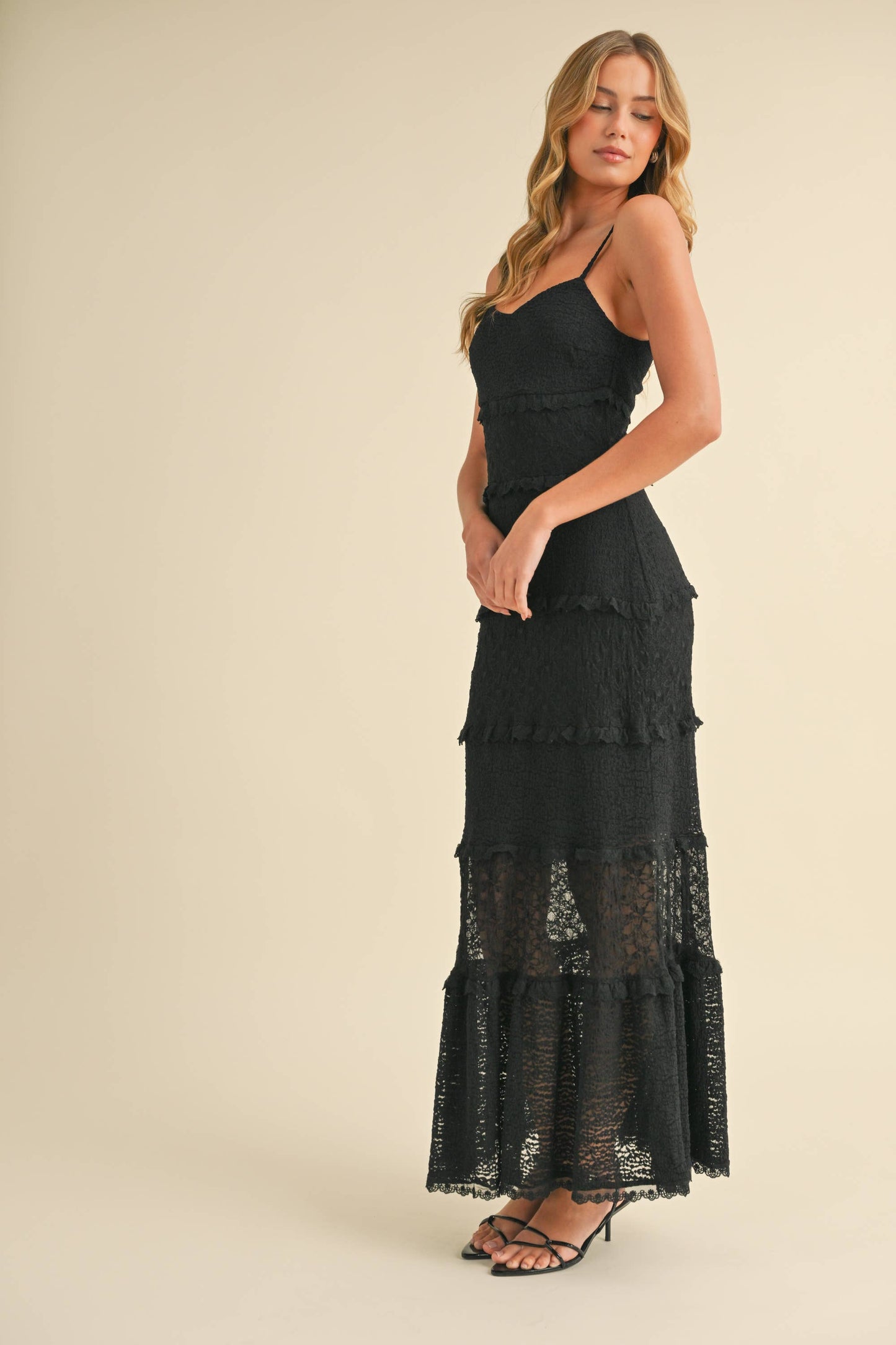 ID8566 TIERED RUFFLED LACE MAXI DRESS WITH PARTIAL LINING