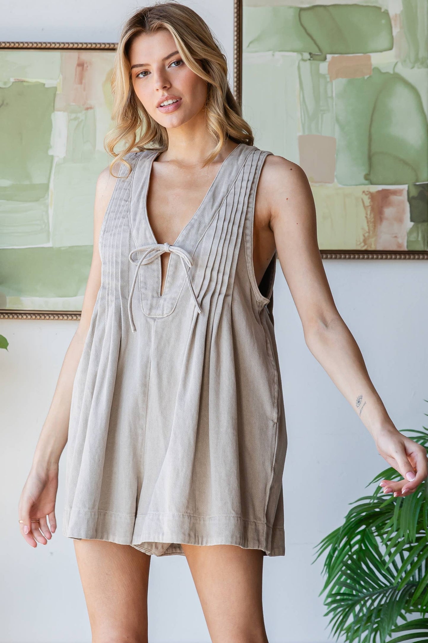 Front Pleated V Neck Sleeveless Denim Romper
