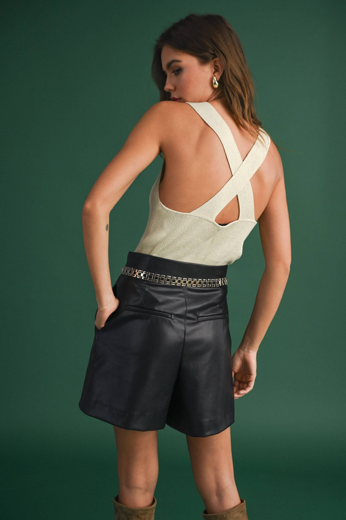 T3201 METALLIC KNITTED CROSS BACK TOP