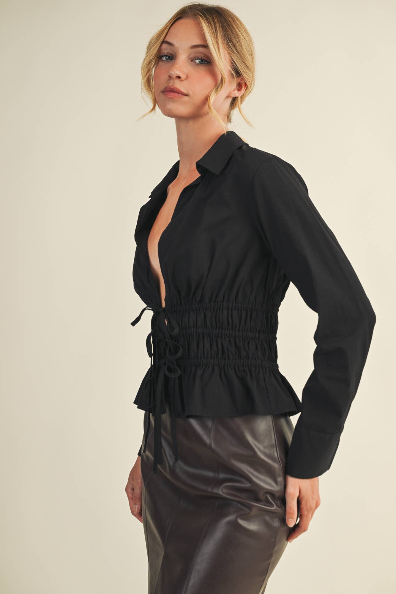 ELASTIC WAIST TIE CLOSURE SHIRT TOP