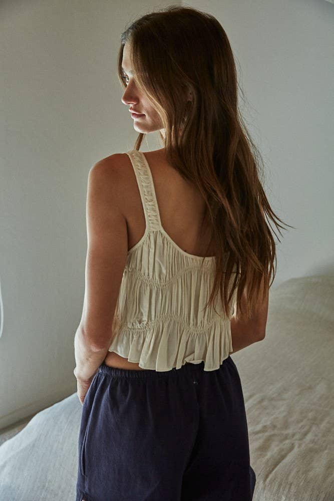 Woven Rayon Plunged V-Neck Sleeveless Smocked Top
