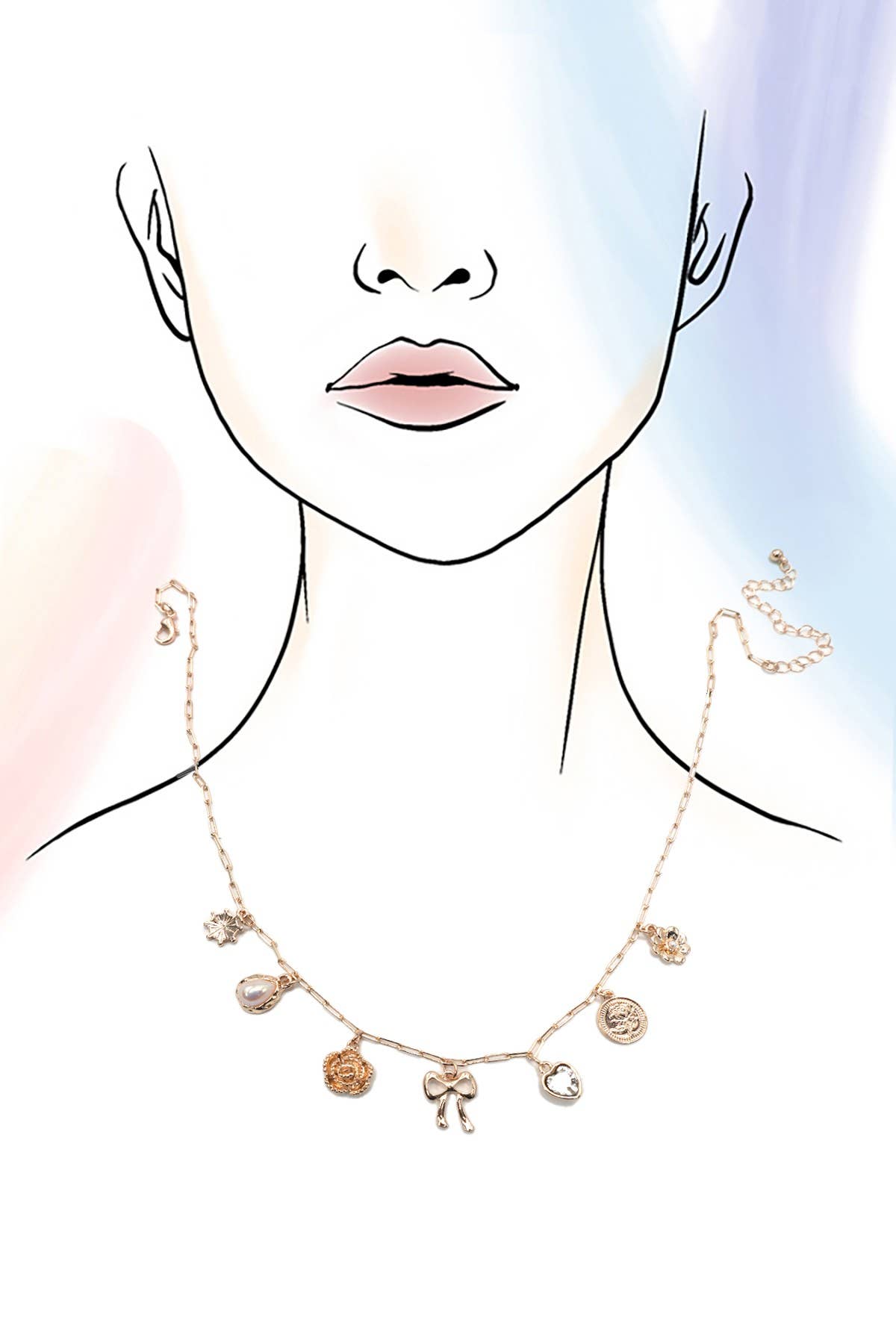 BOW HEART FLOWER CHARM LINK CHAIN NECKLACE