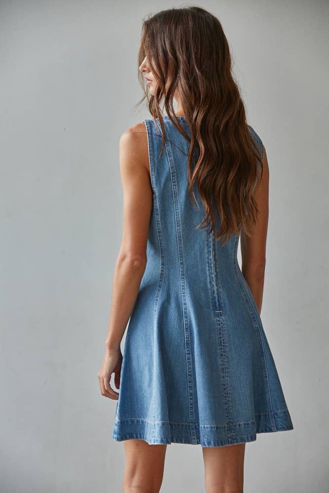 Denim Cotton Lyocell Round Neck Sleeveless Mini