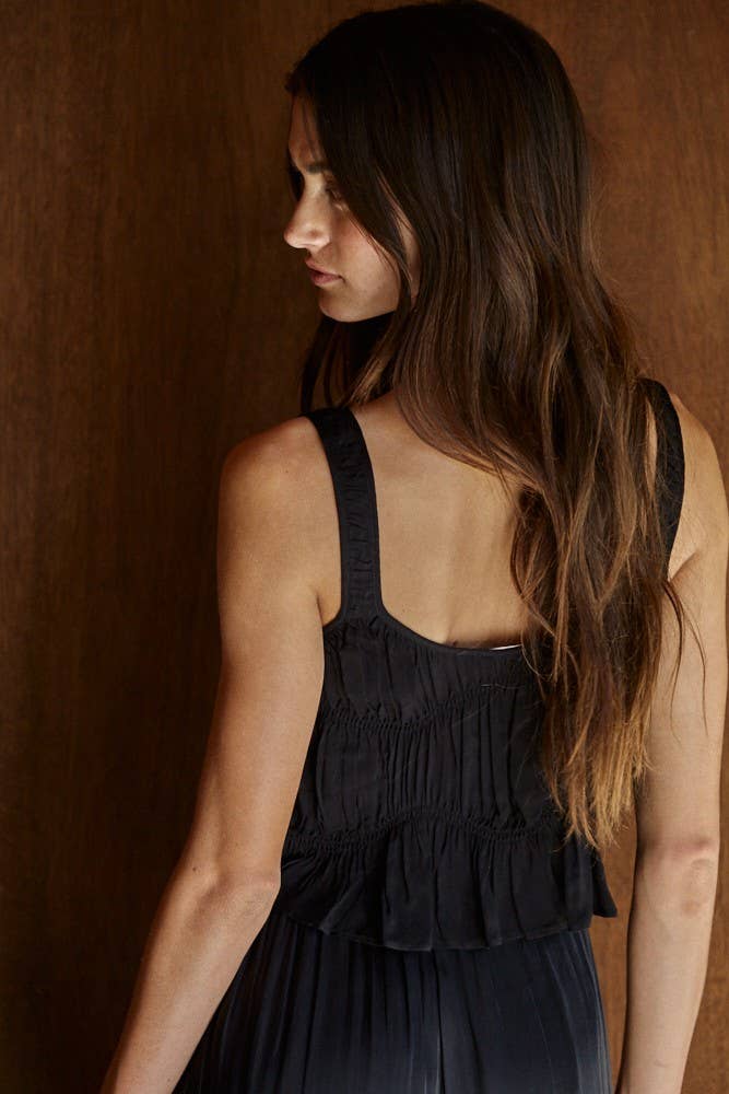Woven Rayon Plunged V-Neck Sleeveless Smocked Top