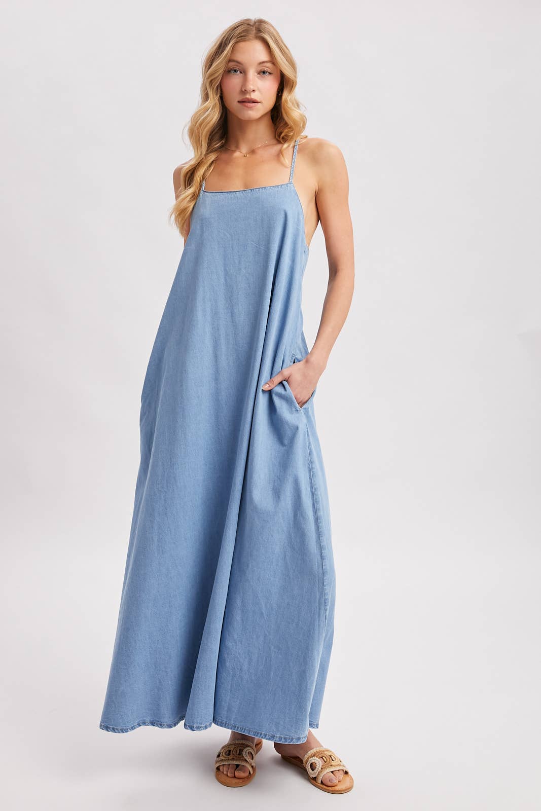 DENIM OPEN BACK SLEEVELESS MAXI DRESS