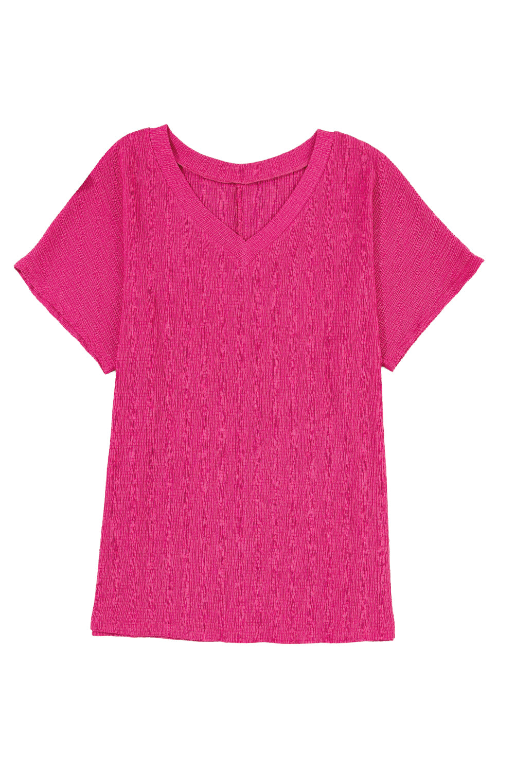 Bright Pink Basic Plain Textured V Neck Blouse