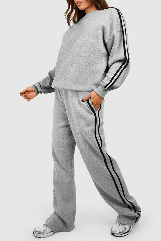 Light Grey Solid Color Side Striped Sweatshirt Pants Set