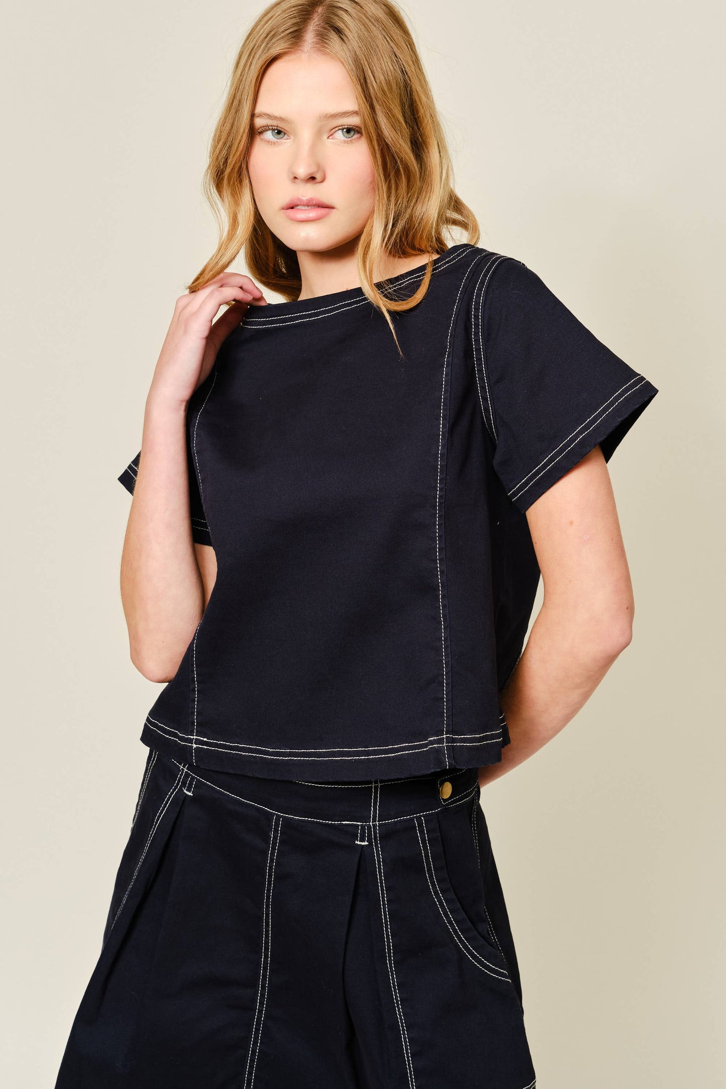 SUPER STRETCH A LINE BOAT NECK COTTON TOP