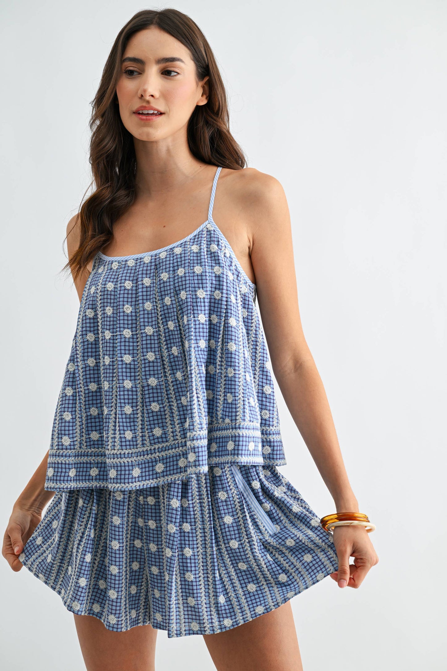 Embroidered Blue Checkered Shorts Set