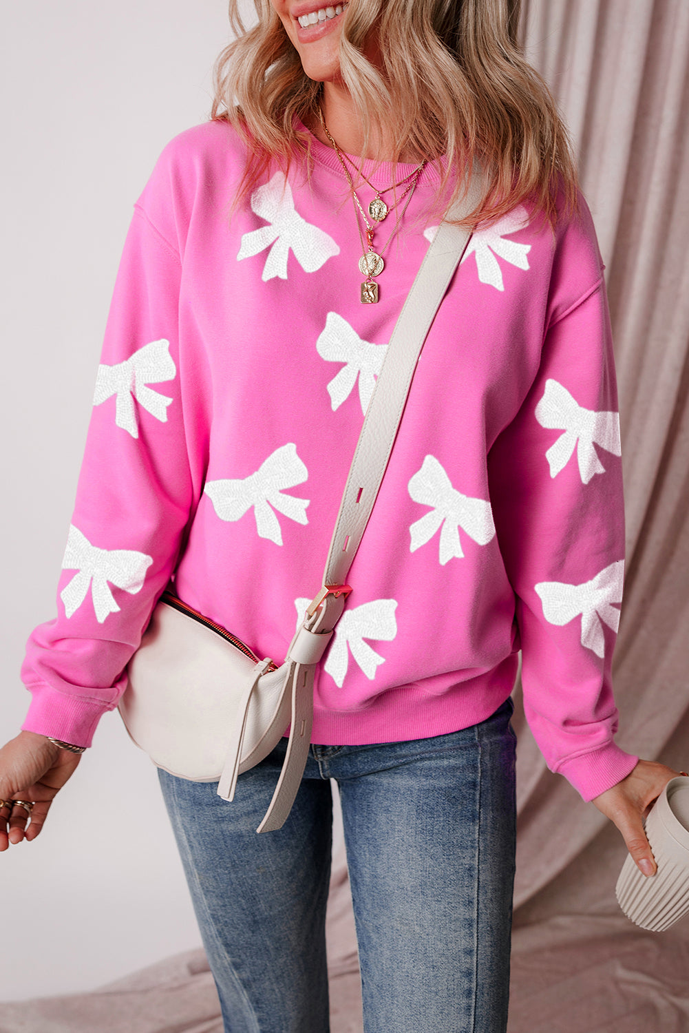 Bonbon Sequin Bowknot Graphic Drop Shoulder Pullover Sweatshirt