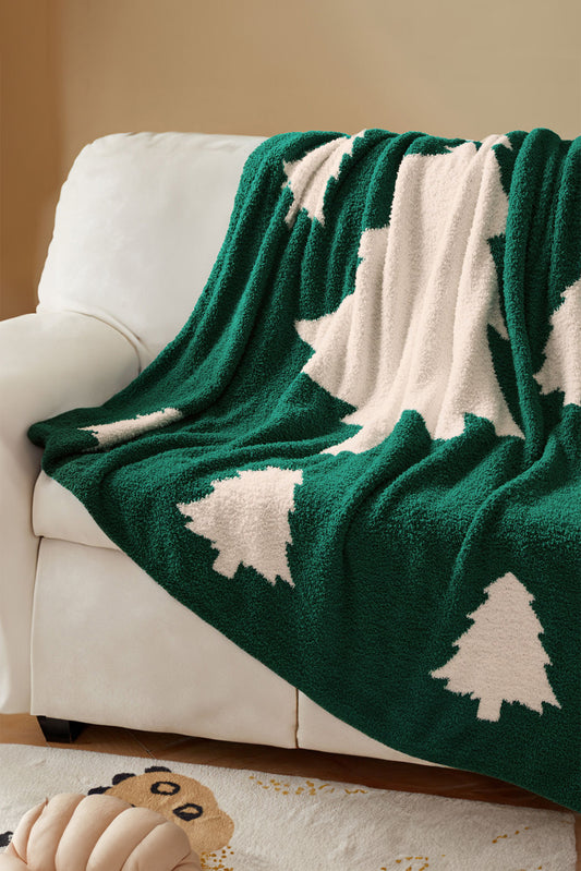 Dark Green Christmas Tree Print Warm Blanket