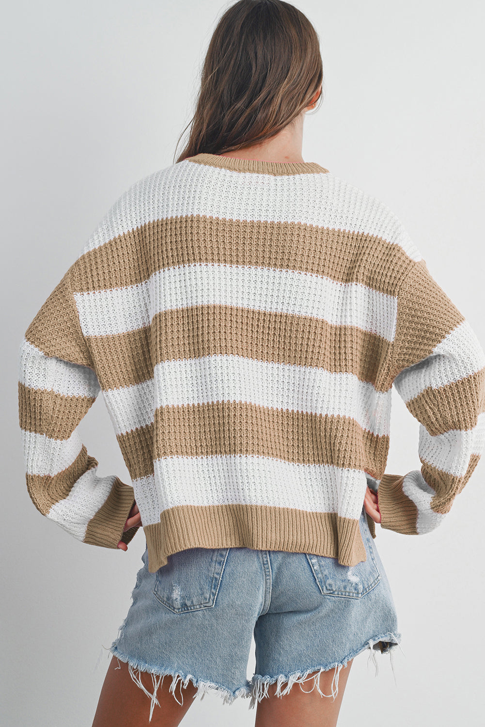 Light French Beige Striped Drop Shoulder Side Slit Sweater