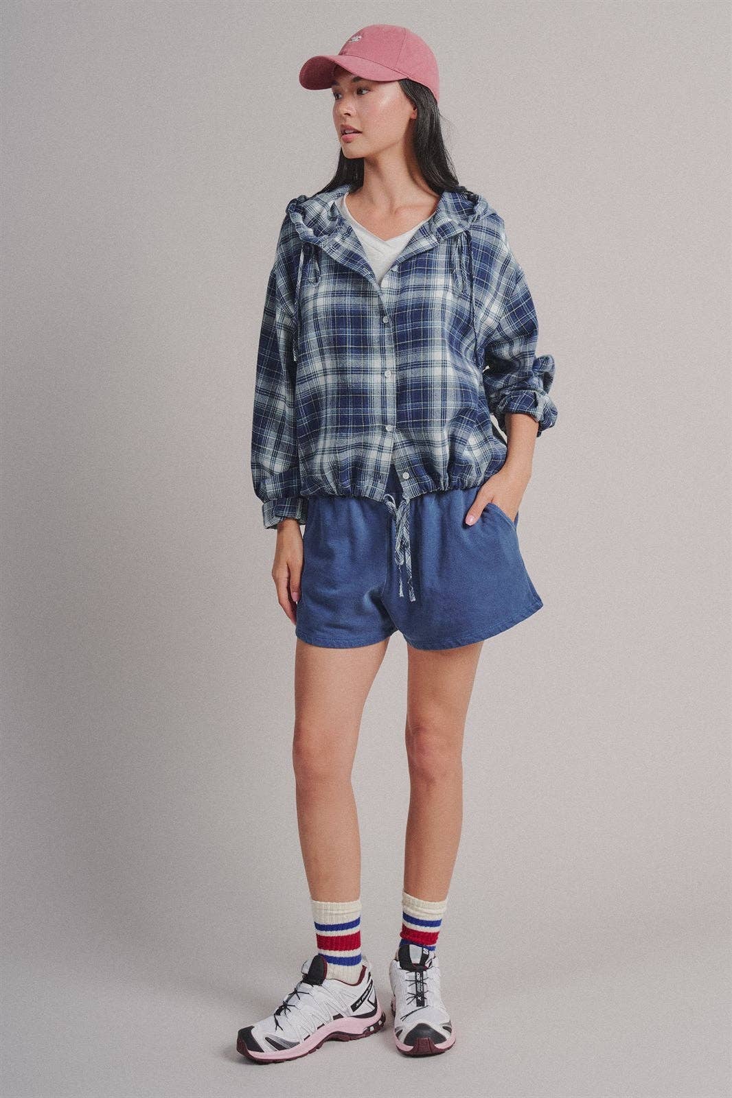 Plaid Flannel Hooded Shacket with Drawstring Hem
