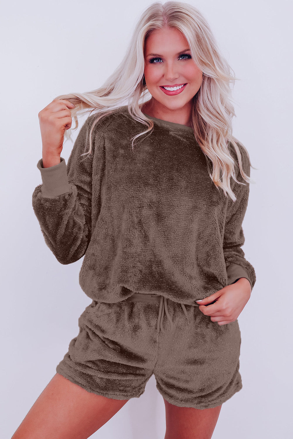 Coffee Solid Loose Fit High Waist Fleece Loungewear Set