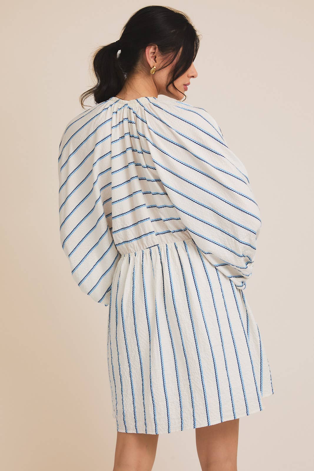 V-NECK BALOON 3/4' SLEEVE STRIPE DRESS