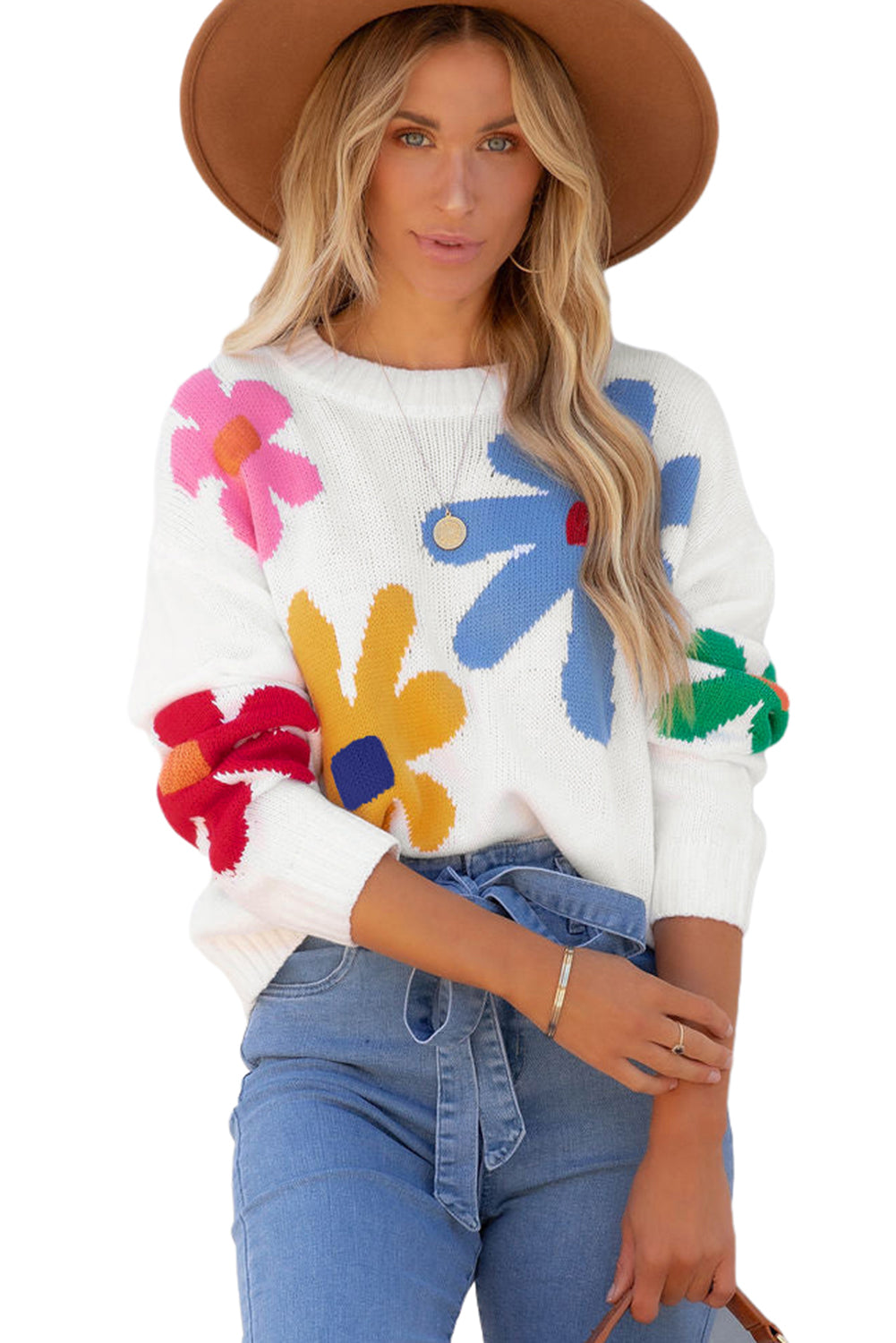 White Colorful Flower Pattern Crewneck Knitted Sweater