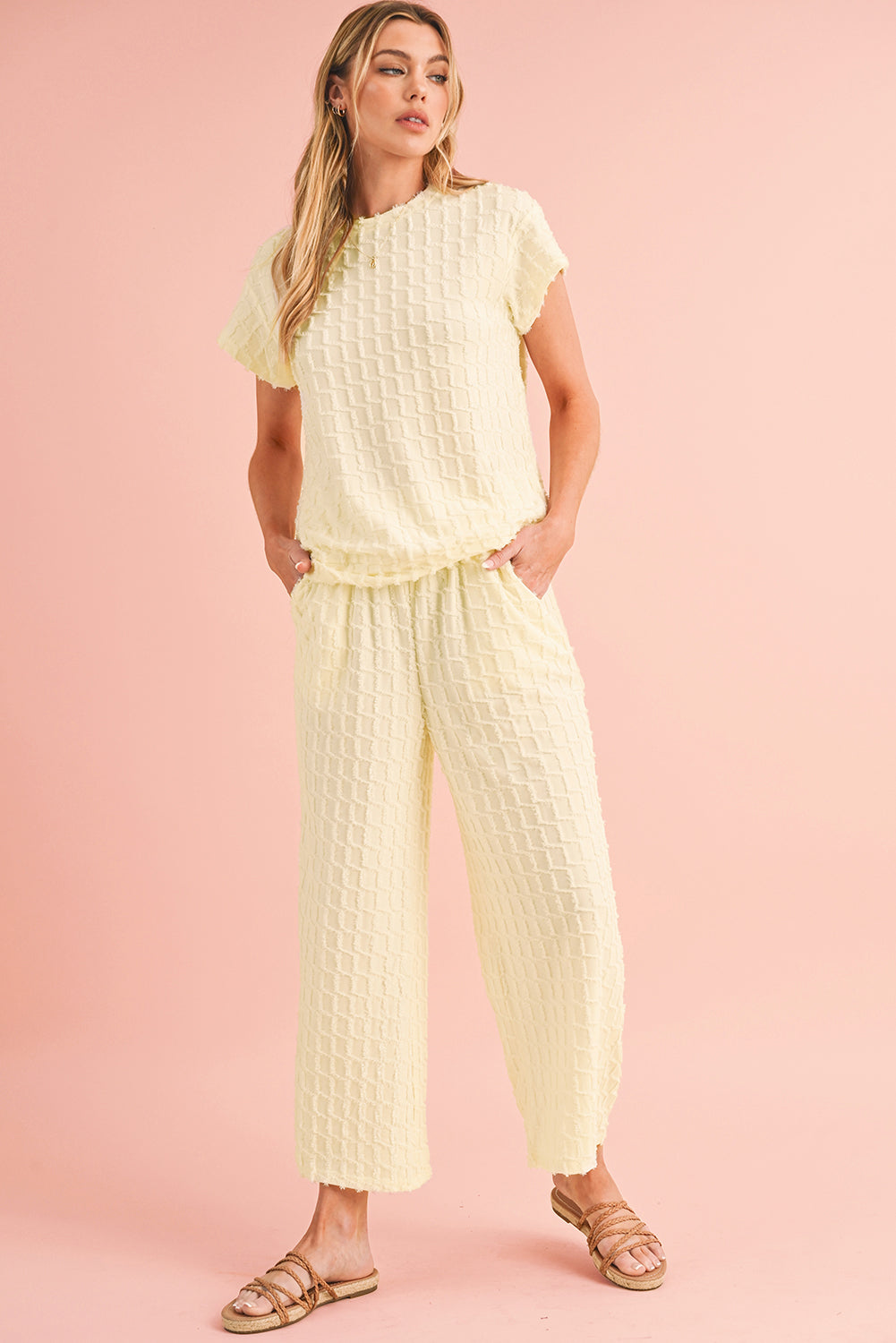 Apricot Lattice Textured Tee and Wide Leg Pants Two-Piece Set