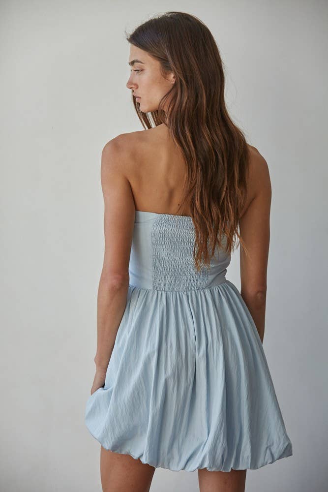 Woven Cotton Nylon Strapless Bubble Mini Dress