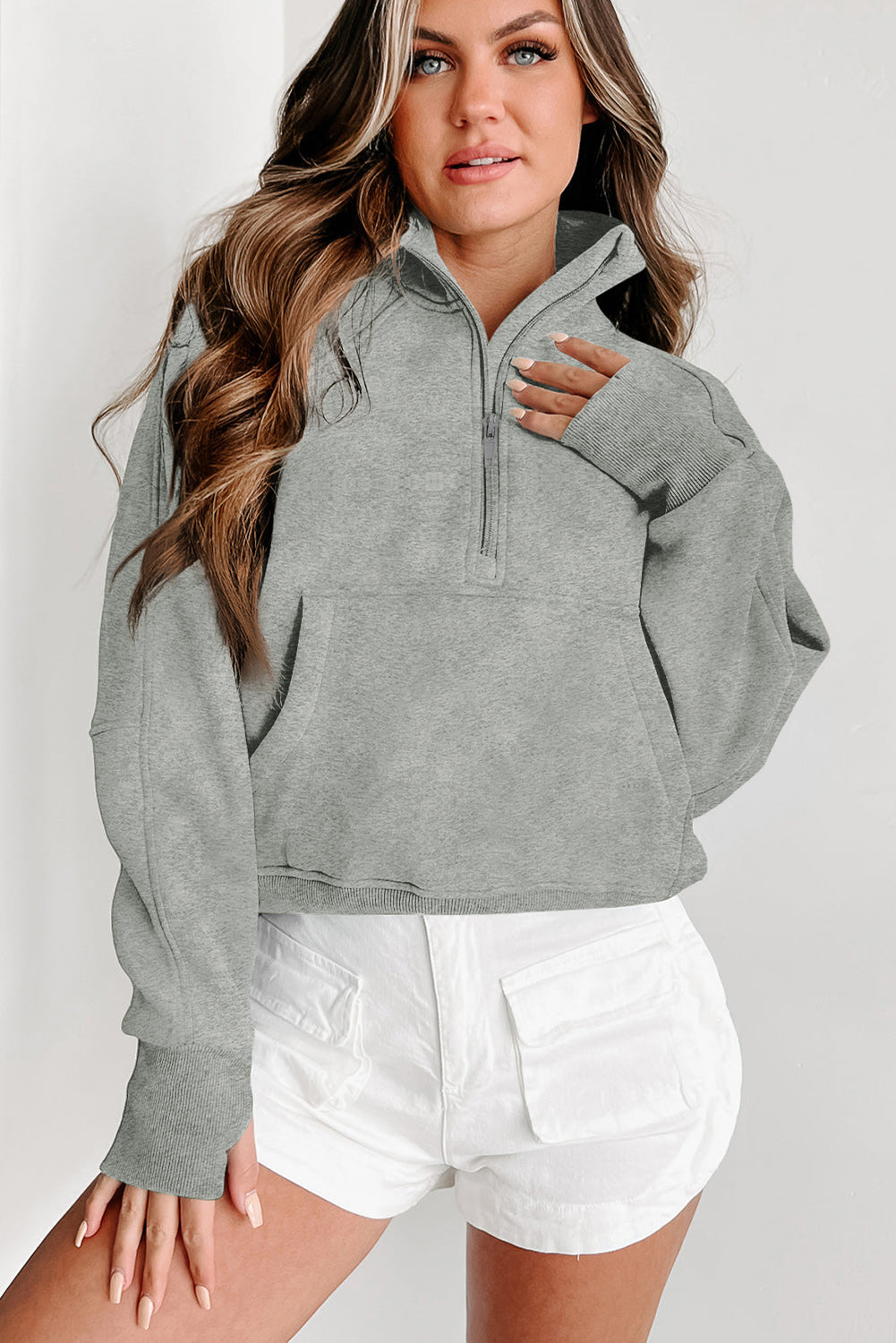 Parchment Quarter Zip Stand Neck Kangaroo Pocket Sweatshirt