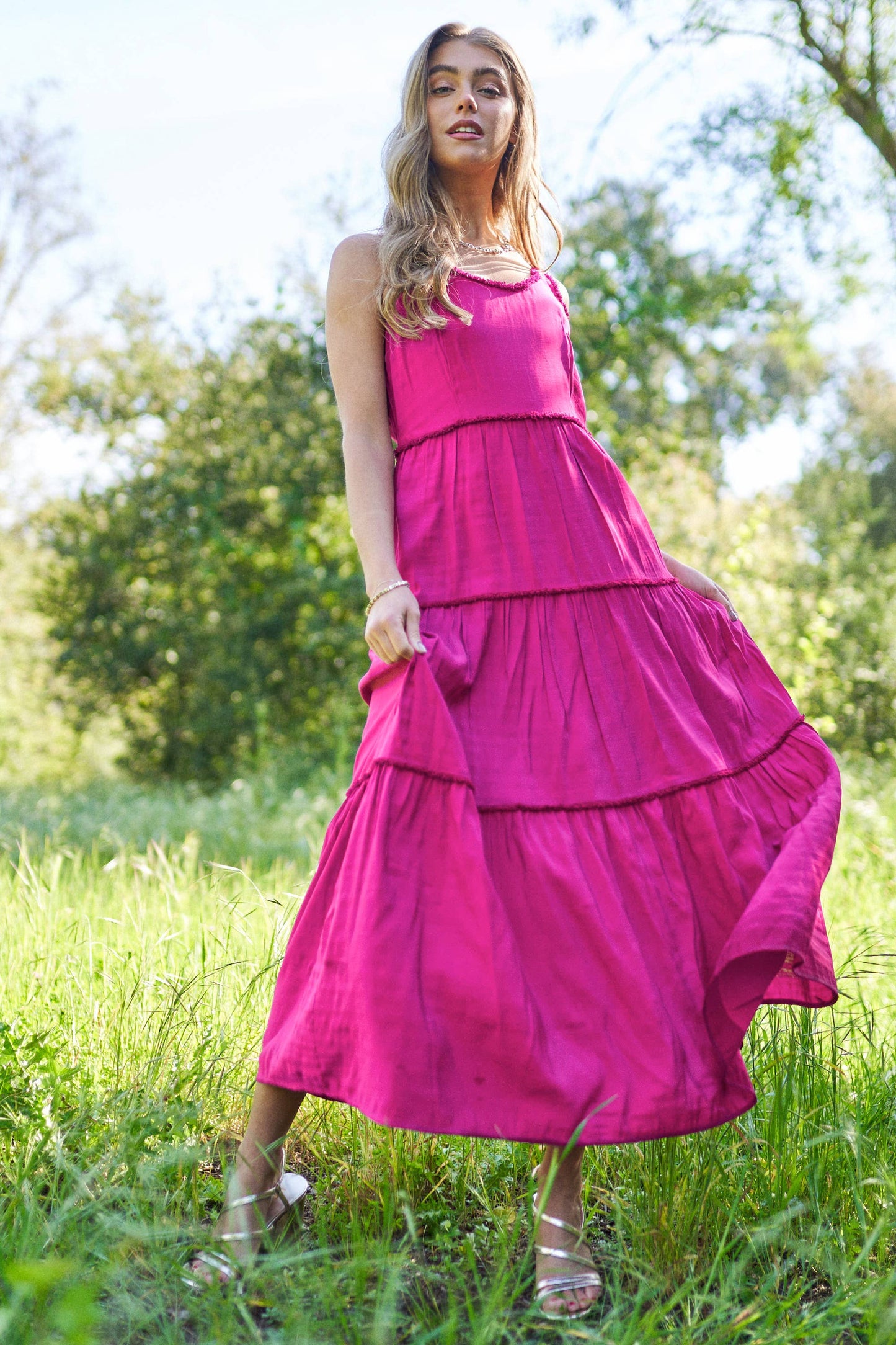 U Neck Line Tiered Spaghetti Maxi Dress