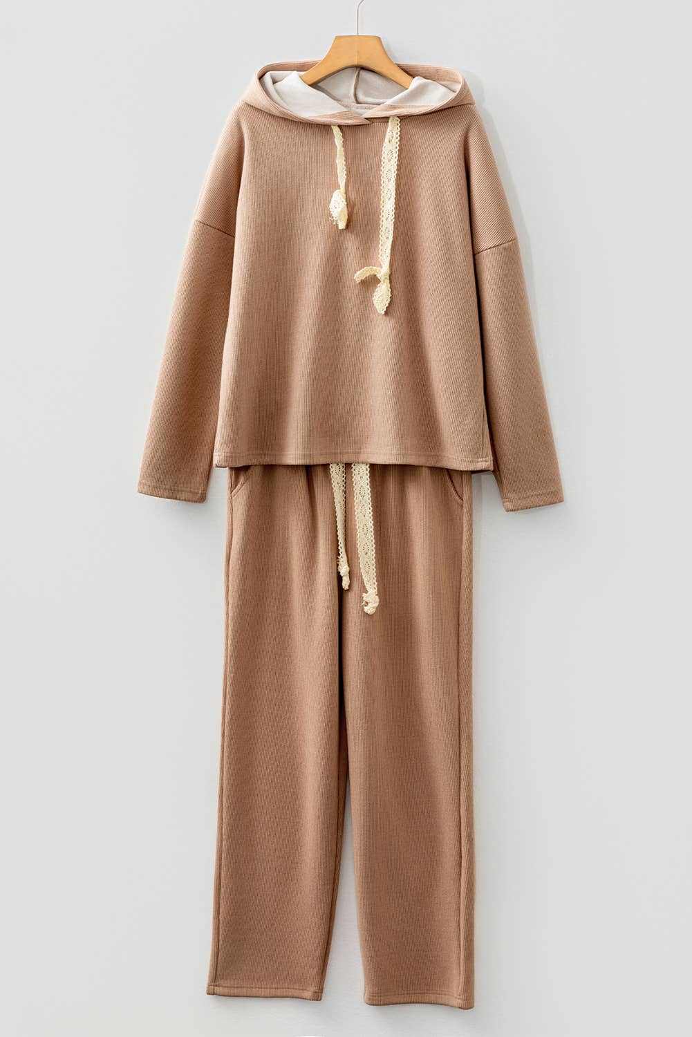 Drawstring Pullover Hoodie and High Waist Pants Corduroy Set