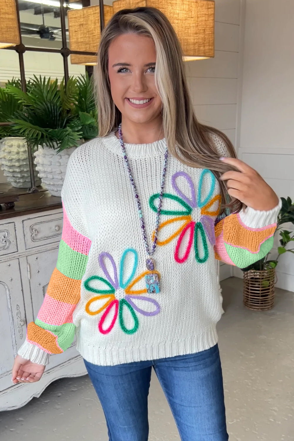 White Vibrant Floral Patched Colorblock Sleeve Knitted Sweater